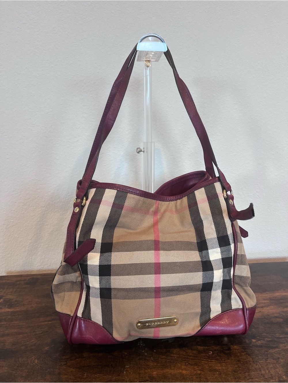 Burberry house check and burgundy leather tote bag